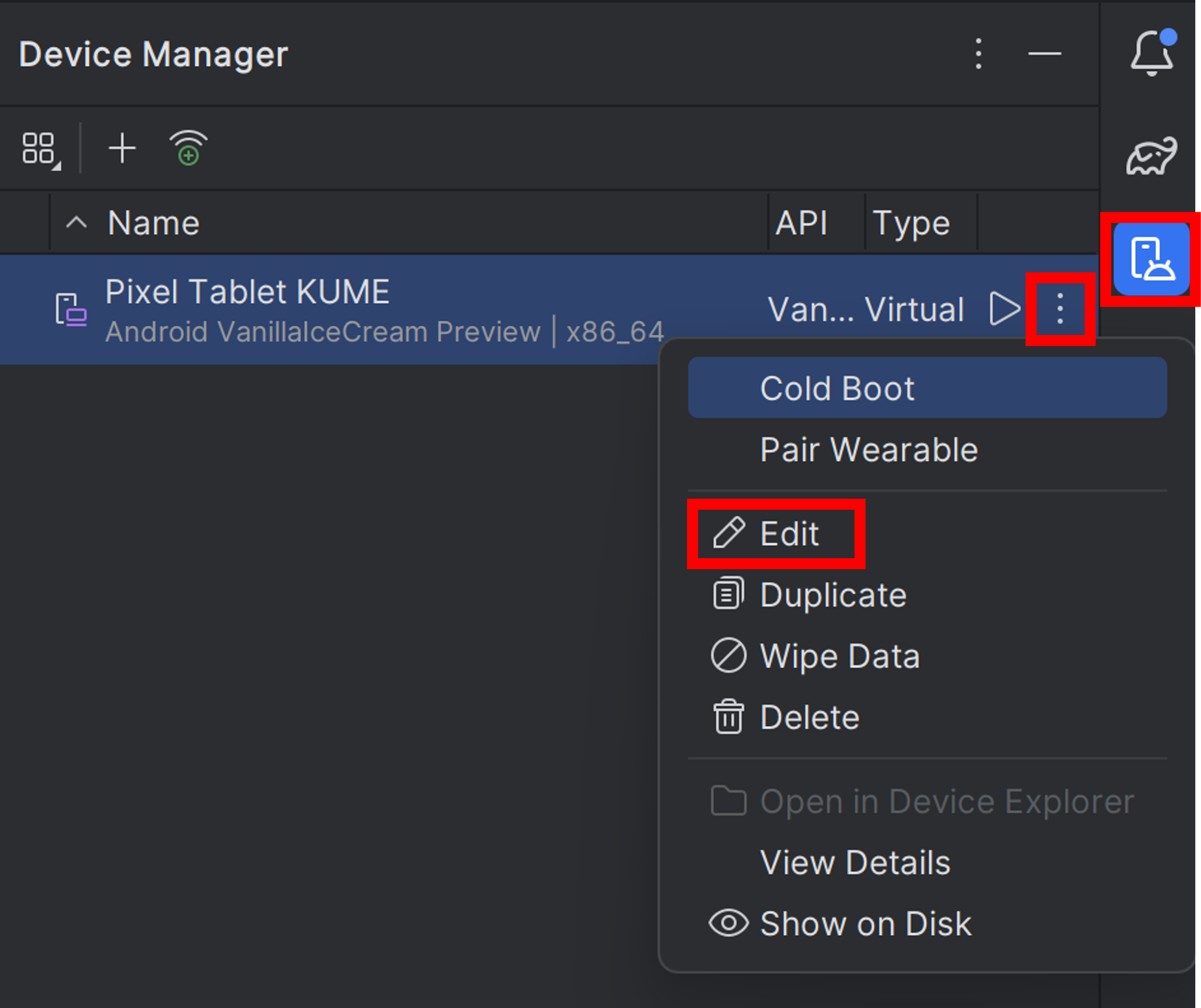 Device Managerの3点リーダーからEditを選択
