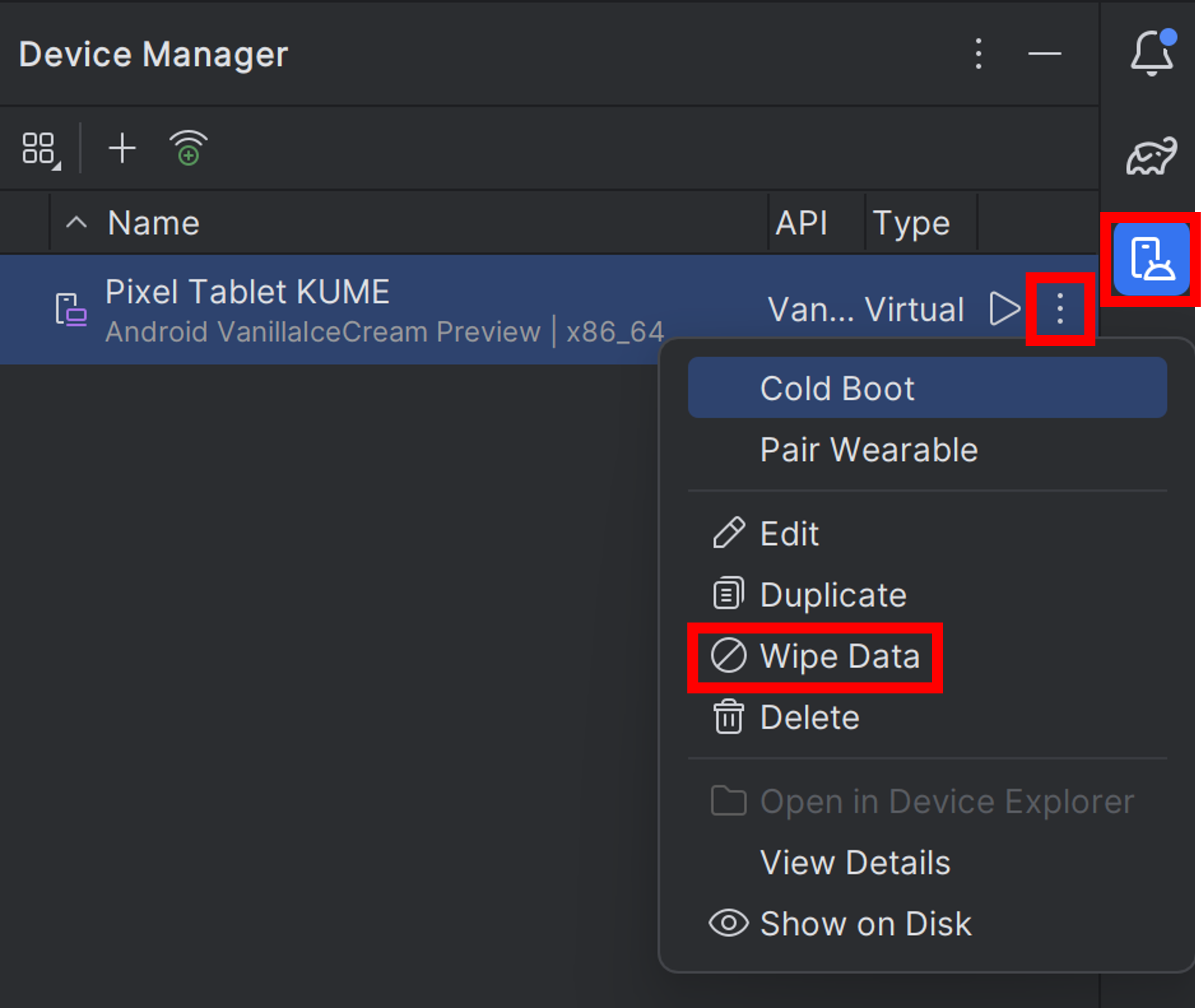 Device Managerの3点リーダーからWipe Dataを選択